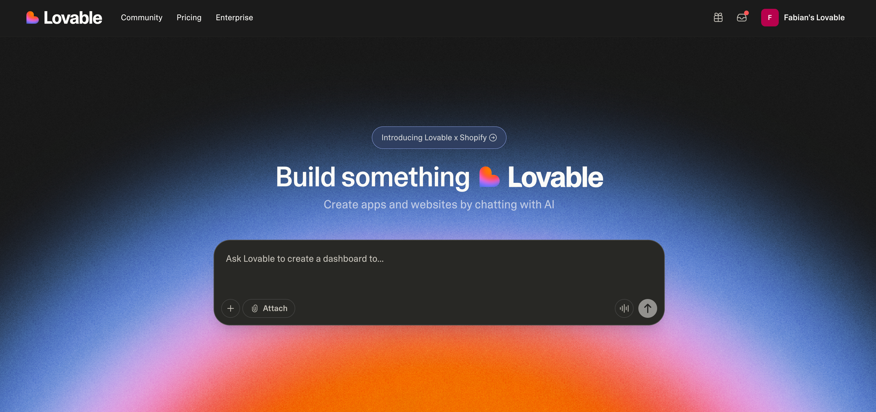Lovable AI Website Builder - Homepage with chat input and "Build something Lovable" headline